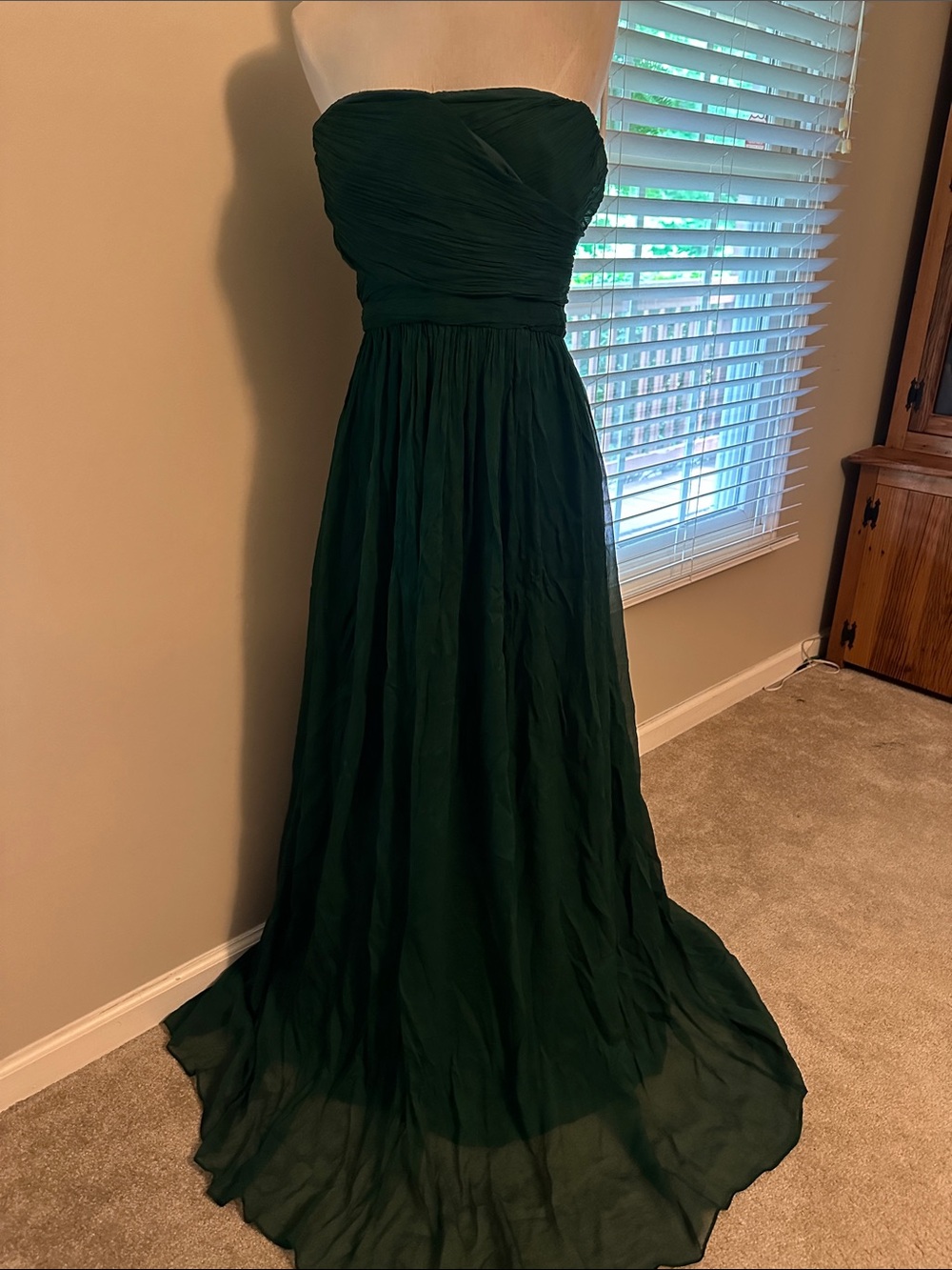 J. Crew Strapless Dark Green Chiffon Gown